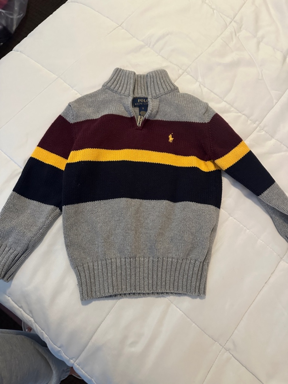 Polo by Ralph Lauren Gray Navy Burgundy Yellow Striped Zip Sweater